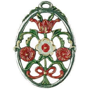 Pewter Ornament Flower Bouquet red oval