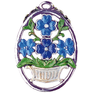 Pewter Ornament Flower     Basket blue oval