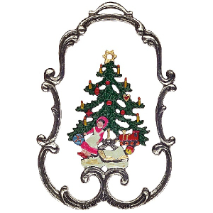 Pewter Ornament Christmas Tree with Doll in a Frame