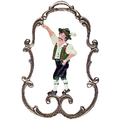 Pewter Ornament Man in Traditional Bavarian Costume in a Frame