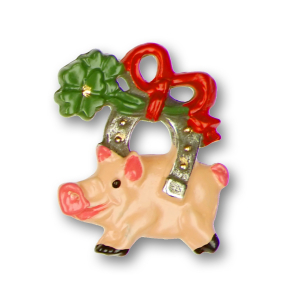 Pewter Ornament Good Luck Pig with a Horseshoe