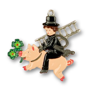Pewter Ornament Chimney-Sweep on a Good Luck Pig