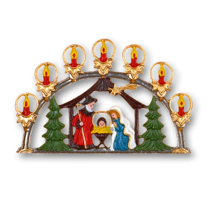 Pewter Ornament Nativity in Bow with Lights