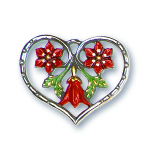 Pewter Ornament Heart with 3 Flowers red