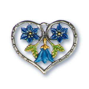 Pewter Ornament Heart with 3 Flowers blue