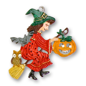 Pewter Ornament Witch with Pumpkin