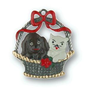 Pewter Ornament Dog and Cat in a Basket
