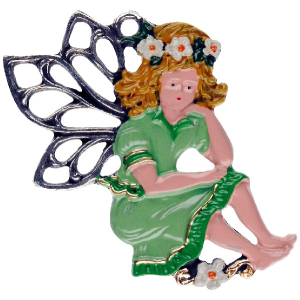 Pewter Ornament Fairy with green Dress and Hair ring