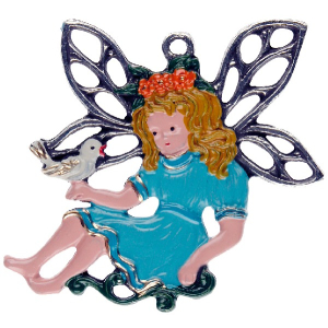 Pewter Ornament fairy with blue dress and bird double sided