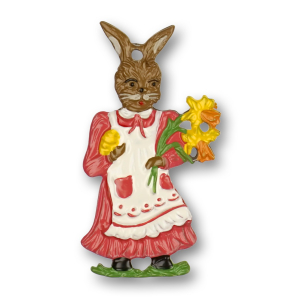 Pewter Ornament Easter Bunny Woman with Flowers